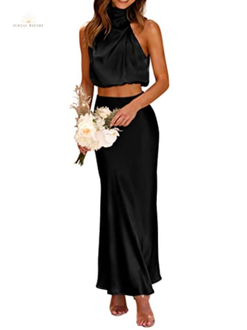Satin 2 Piece Skirt Set Mock Neck Crop Top High Waist